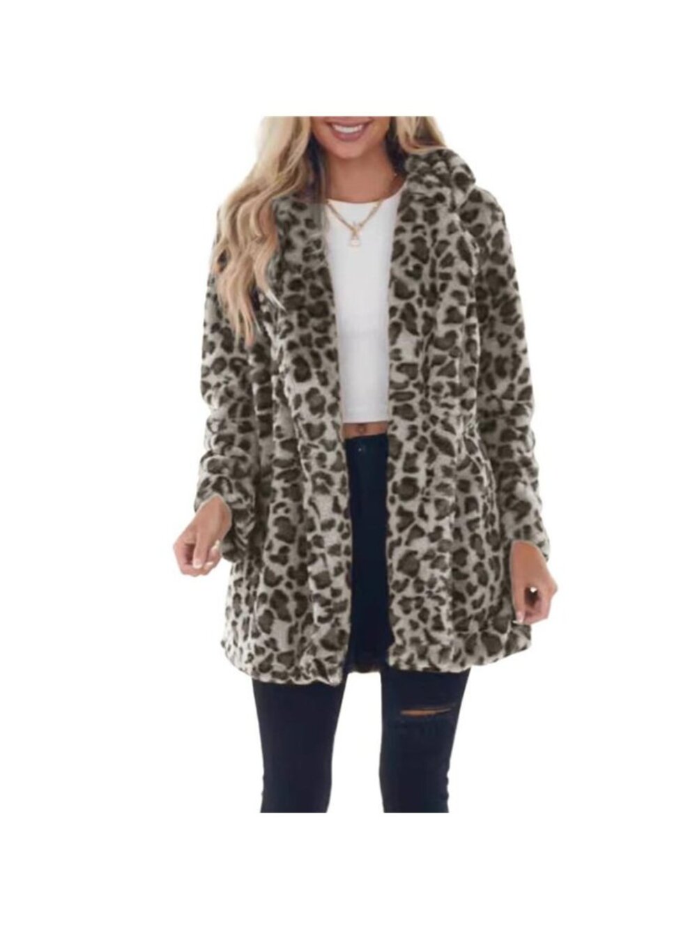 Full Size Leopard Faux Fur Open Front Outerwear Plus Size